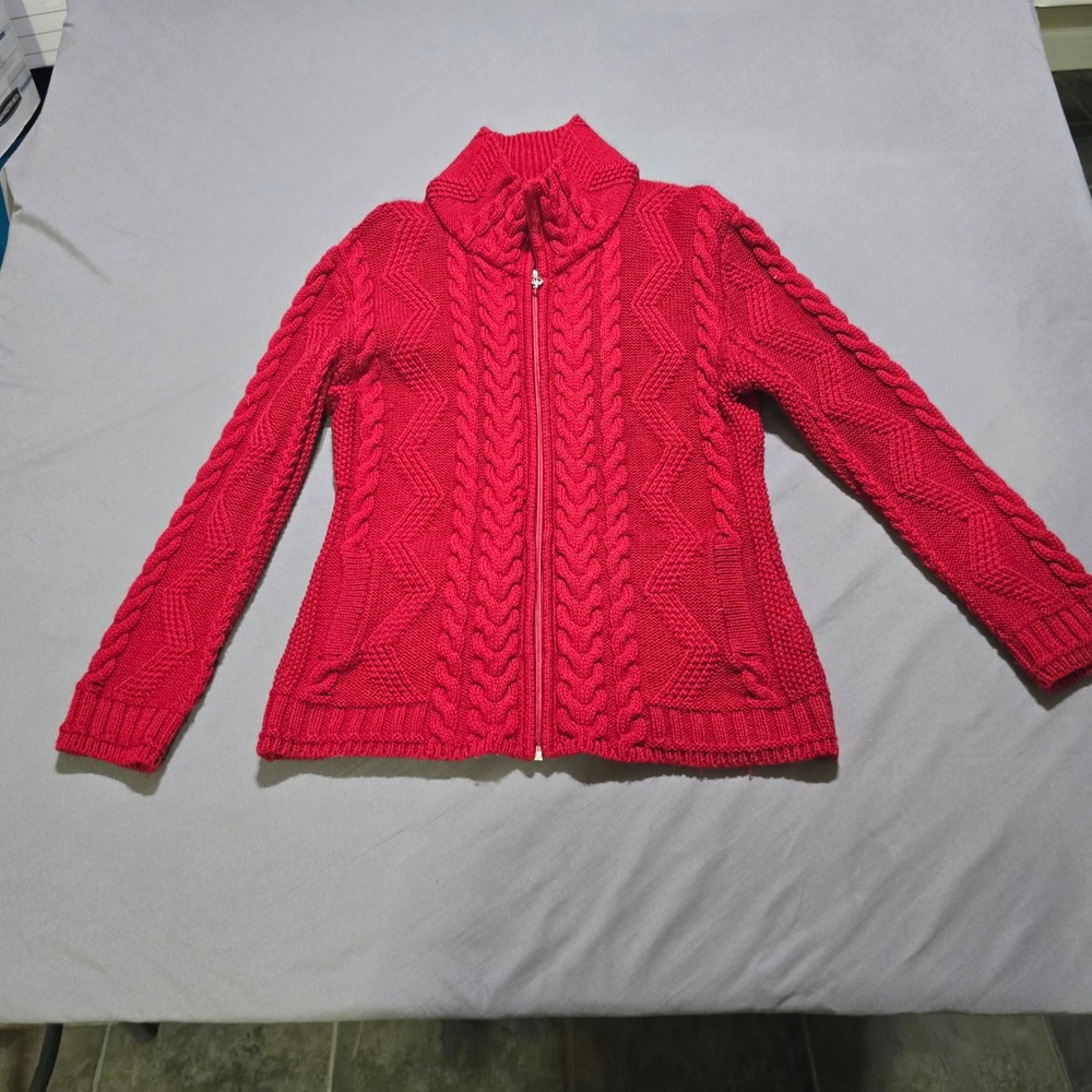 The Irish Store Merino Wool Zip Cardigan Women M Red Aran Cable Knit Sweater